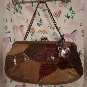 EUC Vintage Fossil Burgundy & Mocha Suede Boho Kiss Lock Clutch Purse Bag